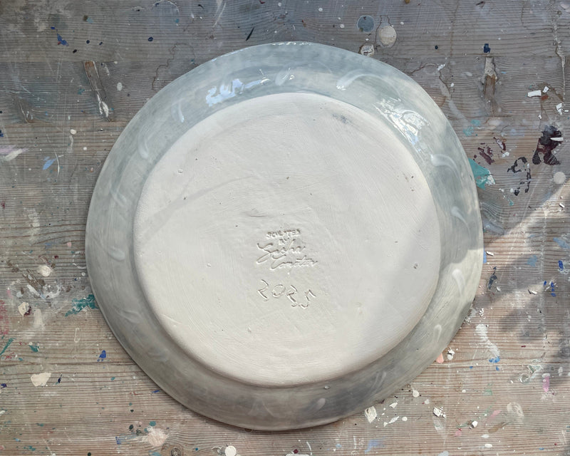 Clay disc on a textured surface with visible clay particles